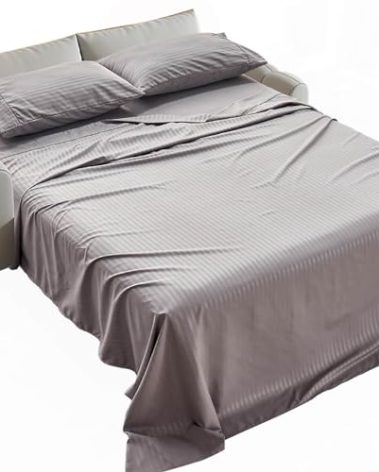 Kingnex Striped Sofa Bed Sheets Queen for Sleeper Sofa Bed with 4-6 Deep Soft Brushed 1800 Microfiber 4 Piece Bedding Set (60"x74"x6") Grey