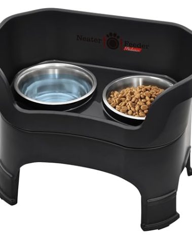 Neater Feeder Deluxe Mess Proof Dog Bowls Elevated for Large Dogs – Made in USA – No Spill Raised Dog Food Bowl Stand w/Leg Extensions – Stainless Steel Dog Food and Water Bowl Set – Black