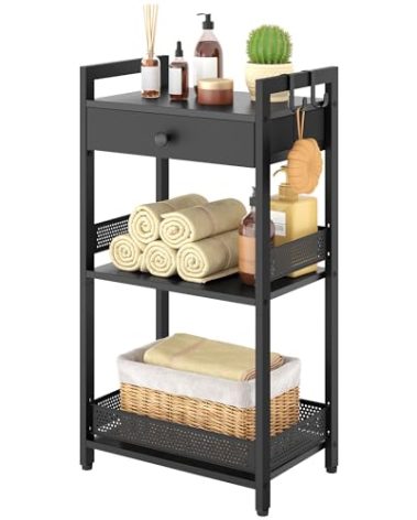 FAVOOSTY Bathroom Ladder Shelf, 3-Tier Bathroom Floor Storage Shelf with Drawer, Freestanding Towel Shelf, Bookcase End Table Open Shelving Unit for Living Room,Balcony, Black