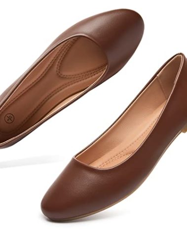 hash bubbie Women's Flats Shoes Ballet Flats Dress Shoes Comfortable PU Leather Slip on Shoes for Women(Brown .US9)