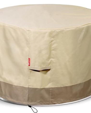 SheeChung Round Gas Fire Pit/Table Cover-Heavy Duty 600D Polyester with PVC Coating Material,100% Weather Resistant & Waterproof,Fits 30",32",33",34",35"and 36" Firepit/Bowl Cover,36"Dia X 24"H Beige
