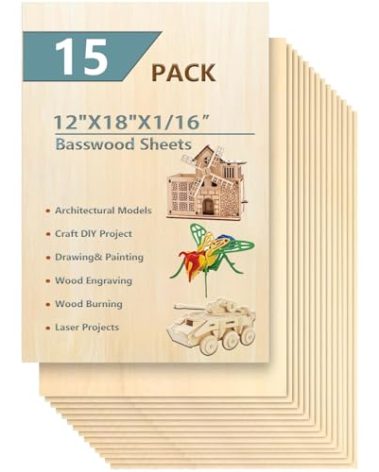 15 Pack 12"x18"x1/16 Basswood Sheets for Crafts- Thin Plywood Sheets - Balsa Wood Sheets -Unfinished Wood Boards for Painting,Laser Cutting,Engraving,Burning and CNC Cutting