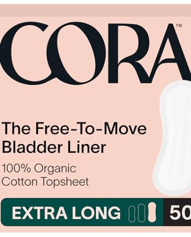 Cora Organic Bladder Liners | Ultra Thin Incontinence & Postpartum Pads for Women | Panty Liners for Bladder Leaks | Breathable Cotton (50 Extra Long)