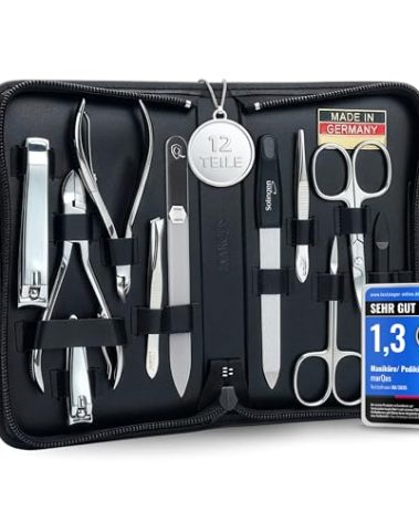 Manicure Set Women and Men – 12-Piece Professional Grooming Kit with Premium Tools, Genuine Leather Case, and Exclusive Glass Nail File for Hand & Foot Care, German Quality