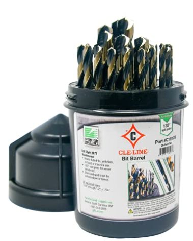 Cle-Line C18128 Bit Barrel Style 1878 High Speed Steel Jobber Length Drill Set, Black and Gold Finish, 1/16" - 1/2" Size, 29 Pieces