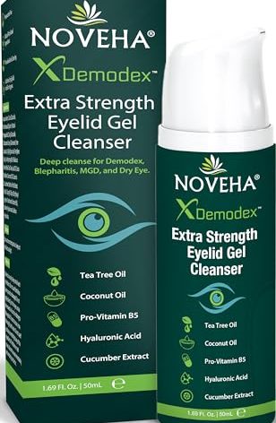 NOVEHA Demodex Extra Strength Eyelid Gel Cleanser - for Demodex, MGD and Dry Eye with Pro-Vitamin B5, Tea Tree Oil, and Hyaluronic Acid - Gentle Cleansing, Soothes Itchy Eyelid - 50mL (1 Pack)