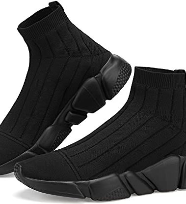 Santiro Mens Sport Shoes Slip On Tennis Workout Shoes Lightweight Breathable High Top Gym Running Walking Sock Sneakers for Men All Black 9 US