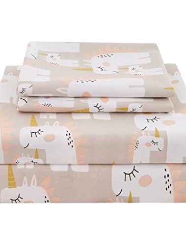 JSD Pink Unicorn Kids Sheet Set Twin Size, 3 Piece Girls Printed Microfiber Bed Sheets Deep Pocket