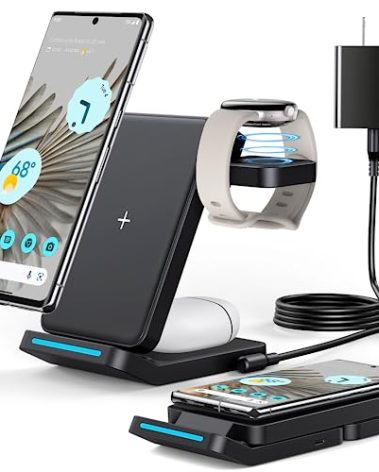 3 in 1 Foldable Wireless Charger for Google Pixel Watch 1(Not for Pixel Watch 4/3/2), Fast Charging Stand Station for Pixel 10 Pro XL/9 Pro XL/10/9/8/7/6 Pro, Travel Charger with QC Adapter, Black