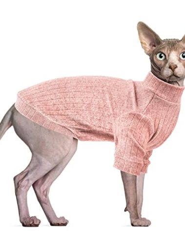Idepet Sphynx Hairless Cats Sweater Shirt Kitten Soft Puppy Clothes Pullover Cute Cat Pajamas Jumpsuit Cotton Apparel Pet Winter Turtleneck for Cats and Teacup Chihuahua Small Dogs(Pink,L)