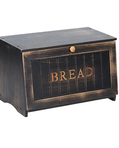 HOMEKOKO Large Wood Bread Box for Kitchen Counter, Retro Design Single Layer Bamboo Large Capacity Food Storage Bin (Vintage Black)