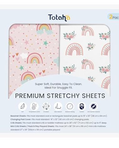 TotAha Pink Rainbow Crib Sheets Girl - Hypoallergenic, Silky Comfort, Buttery Soft, Calming Effect, All-Season Premium Stretchy Jersey-Knit Sheets, 9'' Extra Deep Pocket-2 Pack