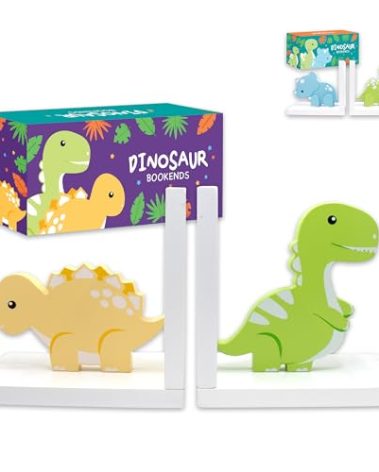 Decorably Stego and Trex Dinosaur Book Ends for Kids Books - 1 Set Non-Skid Wooden Kids Bookends for Boys, Dinosaur Bookends - Nursery, Classrooms