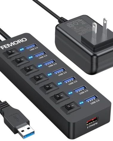 Powered USB Hub 3.0, 5Gbps Data Transfer 7 Ports and 12W Charging-only 1 Port with 5V/3A Power Adapter 4Ft Long Cable & Individual Switches for Laptop PC Flash Drive External SSD HDD Keyboard Mouse