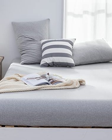 LIFETOWN 100% Jersey Knit Cotton Sheet, Extra Deep Pocket, 1 Fitted Sheet with 2 Pillowcases, Wrinkle-Free Ultra Soft (Heathered Light Grey, Queen)