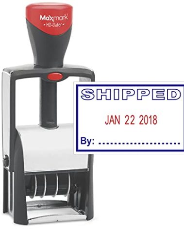 MaxMark Heavy Duty Self Inking Date Stamp with Phrase Shipped - 2 Color Blue/Red Ink