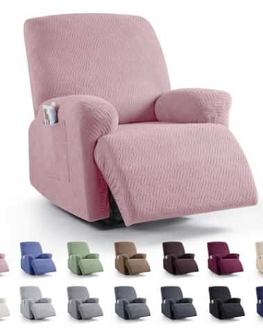 KinCam Recliner Covers, Stretch Reclining Chair Covers, Recliner Sofa Slipcovers Stripe Jacquard Recliner Couch Covers Furniture Protector Covers for Pet Kid (1 Seater, Pink)