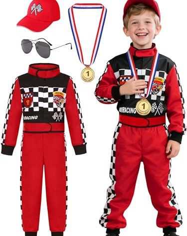 Bordazor Kids Race Car Driver Costume for Boys Girl Racing Suit Racer Jumpsuit for Halloween Dress Up 3-10Y (3-4 Years)