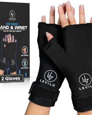LEVILO Wrist Ice Pack Wrap for Carpal Tunnel (2 Pack) Hand Ice Pack for Arthritis, Thumb Ice Pack for Swelling, Injuries Reusable, Tendonitis, Gel Hot & Cold Therapy, One Size Fingerless Design