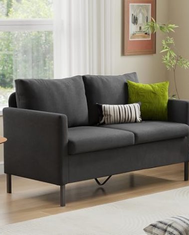 TYBOATLE Linen Fabric Modern Small Loveseat Sofa Couch for Living Room, 51" W Little Upholstered 2-Seater Mini Love Seats w/Iron Legs for Small Space, Apartment, Bedroom, Dorm, Office (Dark Grey)