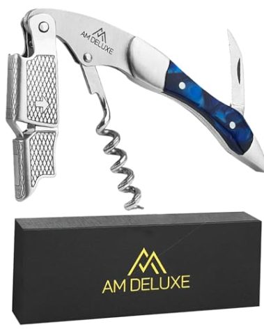 AM DELUXE Waiters Corkscrew Wine Opener, Wine Key For Servers Bartenders Sommeliers. Cork Screw Wine Bottle Opener. Stainless Steel & Sapphire Resin Inlay. Serrated Foil Cutter. Magnetic Gift Box