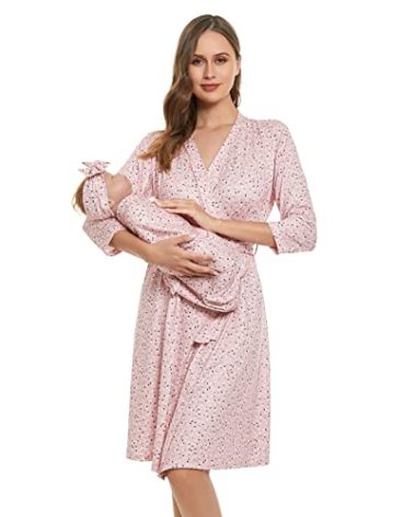 RWRWMOONPUT Mommy Robe for Maternity and Baby Swaddle Blanket,Matching Mommy Labor Delivery Robe and Receiving Blanket Set Pink Ditsy