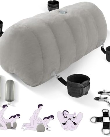 Sex Pillow Couples Sex Toys, Heart Shaped Inflatable Cushion Furniture for Bedroom Dildo Mount, Upsize Pillow with Bondage Cuffs, Cross Strap, Nipple Clamps BDSM Kit