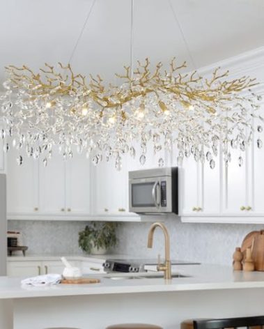 TMAFON Modern Crystal Chandeliers for Dining Room - L47.2 inch Luxury Gold Tree Branches Chandelier Lighting, Rectangular High Ceiling Hanging Raindrop Pendant Light Fixture