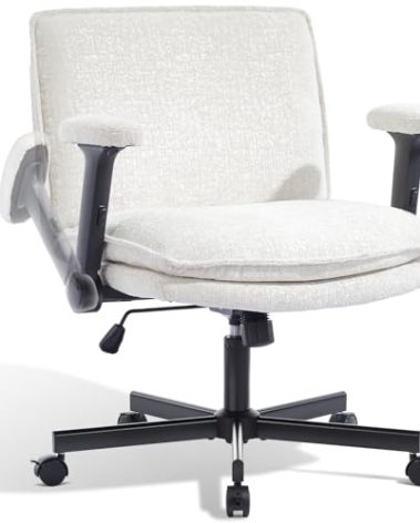 Morkprism Criss Cross Chair with Flip-Up Arms and Lockable Wheels, Plush Fabric Cross Legged Office Desk Chair，Wider 125°Tilting Adjustable Swivel Chai r for Home, Apartment, Bedroom,Pearl White