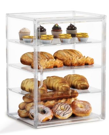 4-Tier Pastry Display Case,Large Bread Box for Kitchen Countertop, Adjustable Bread Storage Container, Bakery Display for Bread, Cookies, and Donuts, Size 15.5 * 11.4 * 9.8 Inch