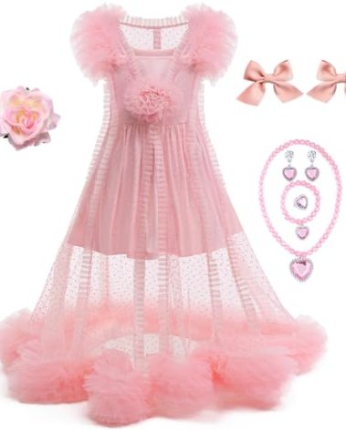 Btonai Pink Witch Costume for Girls Pink 2 Piece Pajamas Set Dress, Bouffant Mesh Outfits with Accessories