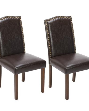 Sweetcrispy Dining Chairs Set of 2, Upholstered Leather Kitchen Room Chairs Mid Century Modern High-End Dining Room Side Chairs with Nailhead Trim and Wood Legs for Bedroom, Living Room, Brown