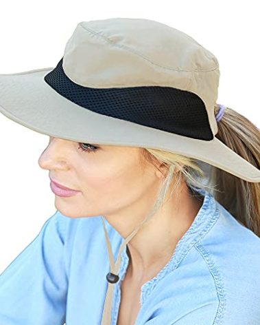 Solaris Ponytail Hole UPF 50 Women Sun Protection Hat for Garden Hiking Safari, Tan