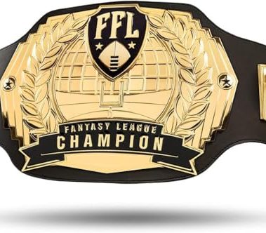 TrophySmack Fantasy Football Championship Belt – 12-Year Perpetual – 6lb Customizable Championship Belt with Free Engravings, 5 Metal Plates and Engineered Leather (Gold Plates | No Engravings)