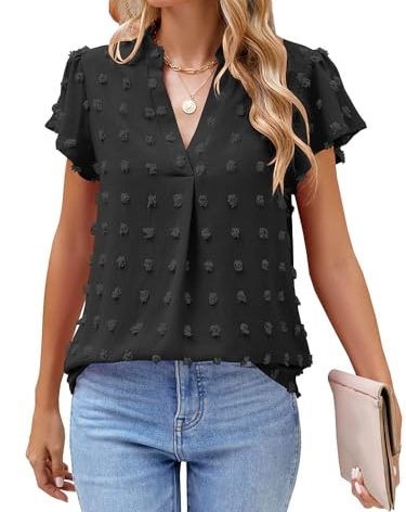 MIRALUNA Women Summer V Neck Ruffle Sleeve Flowy Shirt Tunic Top Cute Flowy Swiss Dot Chiffon Blouses Black M