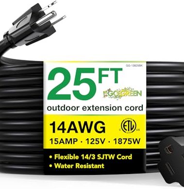 Go Green Power Inc. GG-13825BK - 14/3 SJTW Outdoor Extension Cord, Black, 25 ft