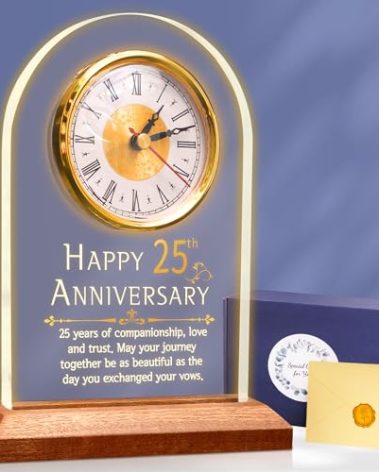 OkiyiD Light Up 25th Anniversary Wedding Gifts Quartz Clock with Wooden Base,25 Years Silver Wedding for Couple,Parents,Soft Warm White Lighting 25th Anniversary Decoration Gifts