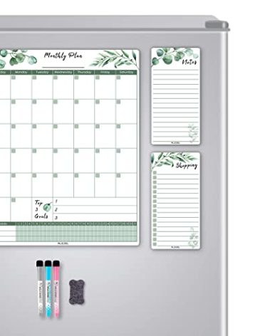 ALEZEL Magnetic Dry Erase Calendar for Fridge, Greenery Monthly Fridge Calendar Whiteboard Set - Vertical Monthly Calendar for Refrigerator, Grocery & to Do List White Board, 3 Markers + Eraser