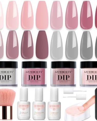AZUREBEAUTY Dip Powder Nail Kit, 4 Colors Gentle Nude Pink Neutral Skin Dipping Powder System Liquid Set Recycling Tray with Base & Top Coat Activator for French Nail Art Manicure Salon DIY at Home