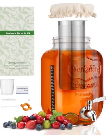 1 Gallon Kombucha Starter Kit, Glass Kombucha Jar with Spigot and Stainless Steel Mesh Filter Fermentation Kit for Home Brewed Kombucha Bottles, Includes Test Strips, Measuring Cups, Cloth Top