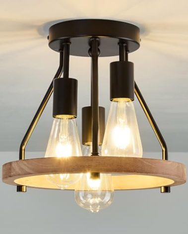 3-Light Wood Semi Flush Mount Ceiling Light Fixture Metal Rustic Ceiling Light Industrial Farmhouse Chandelier for Hallway Entryway Bedroom Kitchen Foyer Passway Balcony