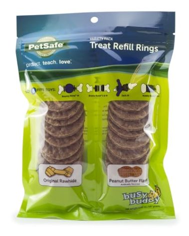 PetSafe Busy Buddy Rawhide Treat Rings Variety Pack - Long-Lasting Chew Refills - Peanut Butter & Original Rawhide Flavors - Delicious Dog Treat - Size B - 24 Count