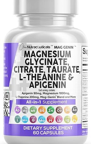 Clean Nutraceuticals Magnesium Glycinate Complex 1000mg with L-Theanine 200mg Apigenin 50mg Citrate Taurate Supplement - 5-HTP GABA Passion Flower Lemon Balm L-Glycine Phosphatidylserine - 60 Count