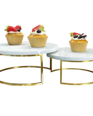 GDAOHELRS Marble Cake Stands, Set of 2（9.45''+7.87'',Jazz White）, Brass Metal Cupcake Stand Dessert Pedestal Risers,for Food,Cake,Jewelry,Soap,Perfume