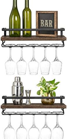 Mkono Wall Mounted Wine Rack Set of 2 Wood Rustic Wine Bottle Glass Floating Shelves with Stemware Hanger Modern Plants Photos Wine Display Storage Holder for Kitchen Dining Room Bar, 17 Inch