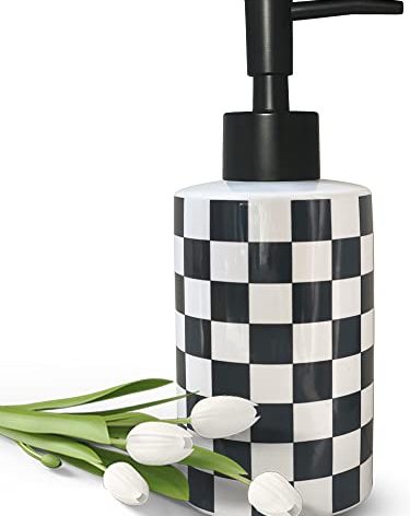 Bathroom Soap Dispenser with Matte Black Pump White Ceramic Soap Dispenser for Kitchen Checkerboard Empty Pump Bottle (Black)