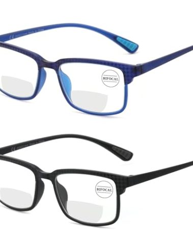 CARA 2 Pack Premium Bifocal Reading Glasses for Men, Super Light TR90 Frame Women Small Line Computer Eyeglasses, Far and Near Dual-use Readers Black Blue 1.5x