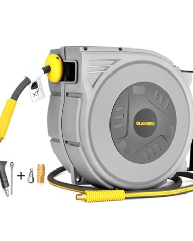 GLAHODEN Enclosed Retractable Air Hose Reel, 3/8 in x 50 Ft Hybrid Hose Air Compressor Hose Reel with 5 Ft Lead in Max 300 PSI Patented Design for Any Length Lock 180°Swivel Bracket Quick Coupler