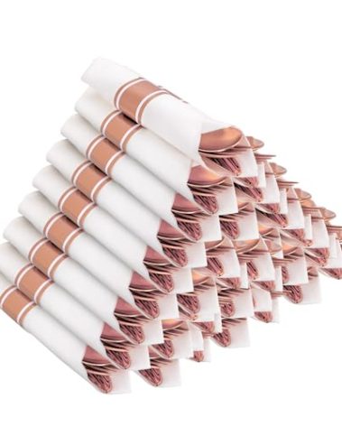 Joyido 50Guests Pre Rolled Rose Gold Plastic Silverware Sets - Heavy Duty Rose Gold Cutlery - Include 50 Pack Wrapped Disposable Utensils with Napkins for Parties, Dinners & Weddings