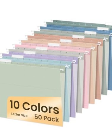 SUNEE Hanging File Folders, 50 Pack Letter Size Hanging File Folders with 1/5-cut Tabs, Stay Organized for Your Home and Office Bulk File, Documents and Paper, 10 Pastel Colors
